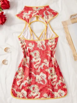 Robe de lingerie Cheongsam à imprimé dragon ajourée et fendue jusqu'en haut tenue de jeu de rôle