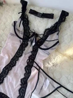 Robe de lingerie en dentelle à bretelles porte-jarretelles en résille à pois nuisette transparente pour femme