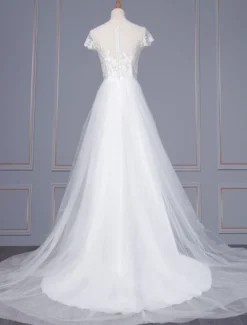 Robe de mariéé boho col rond manche courte top en dentelle jupe fendue en chiffon