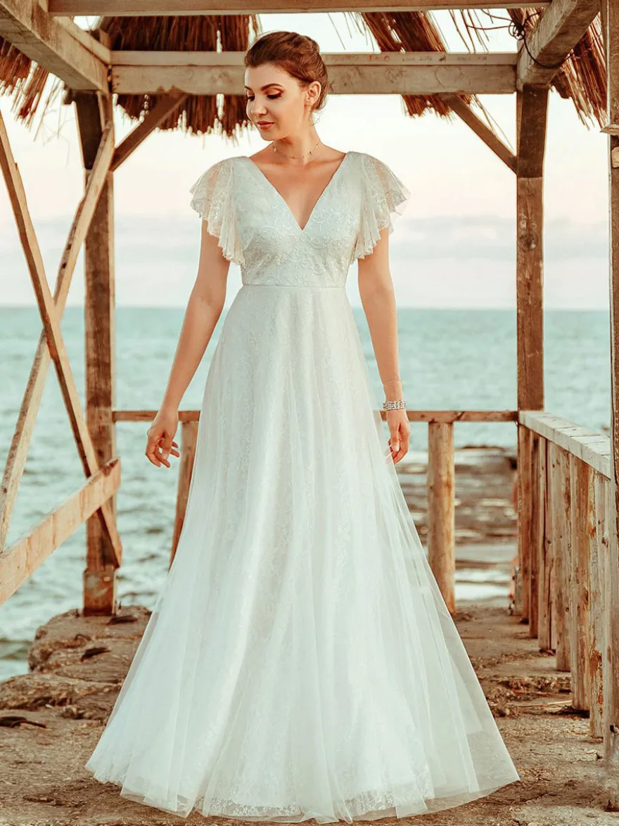 Robe de mariée blanche en dentelle col V manche courte zip sur dos longueur au sol robe de mariage