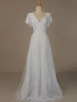 Robe de mariée blanche en dentelle col V manche courte zip sur dos longueur au sol robe de mariage