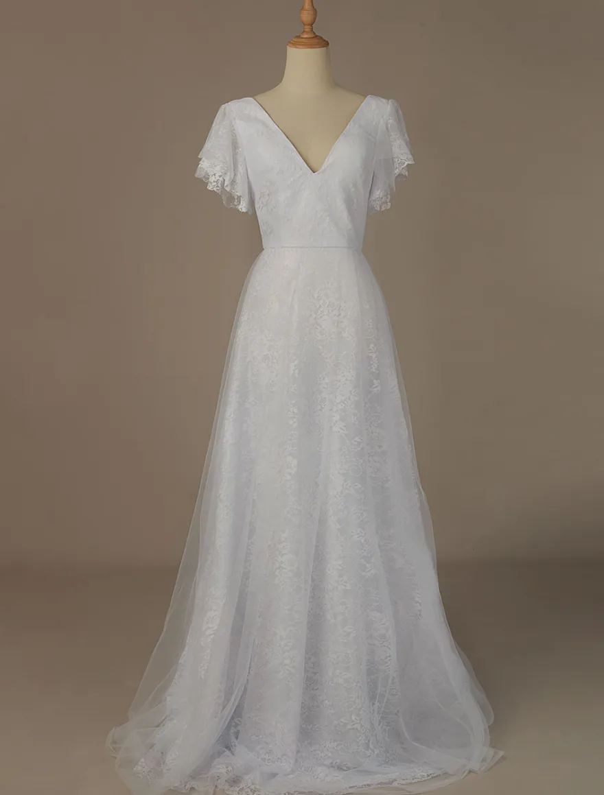 Robe de mariée blanche en dentelle col V manche courte zip sur dos longueur au sol robe de mariage