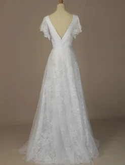 Robe de mariée blanche en dentelle col V manche courte zip sur dos longueur au sol robe de mariage