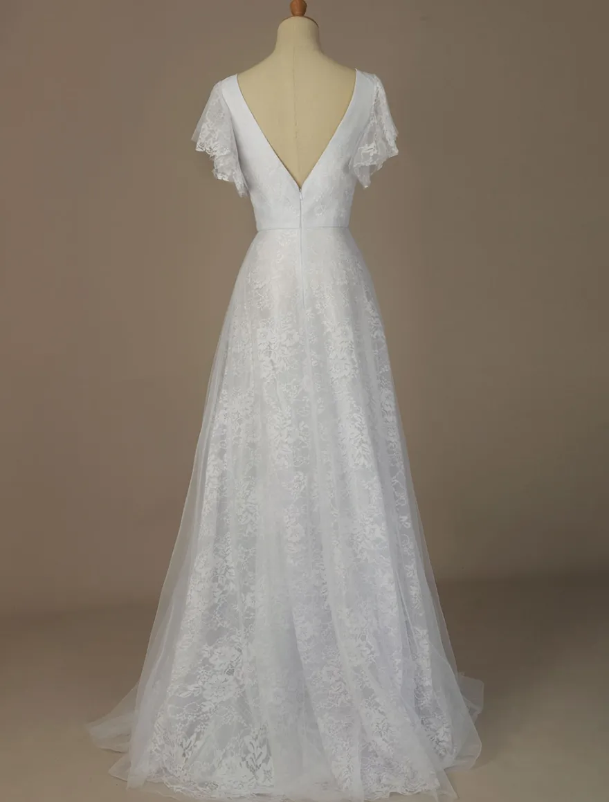 Robe de mariée blanche en dentelle col V manche courte zip sur dos longueur au sol robe de mariage
