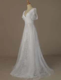Robe de mariée blanche en dentelle col V manche courte zip sur dos longueur au sol robe de mariage