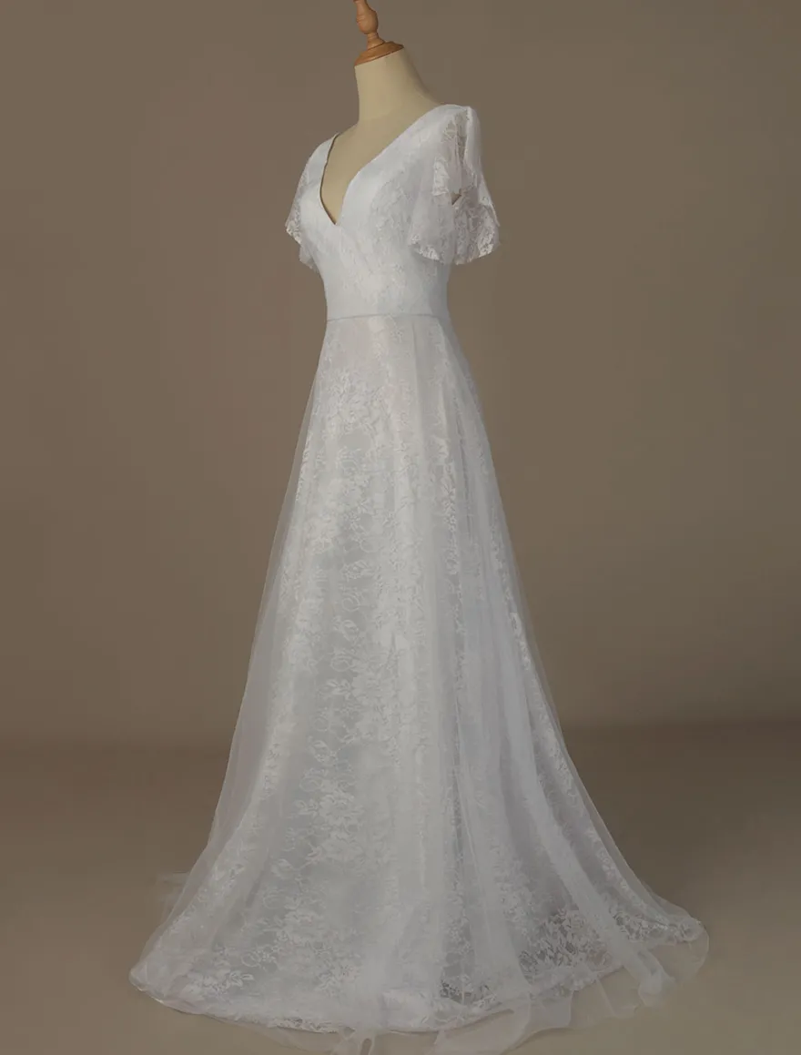 Robe de mariée blanche en dentelle col V manche courte zip sur dos longueur au sol robe de mariage