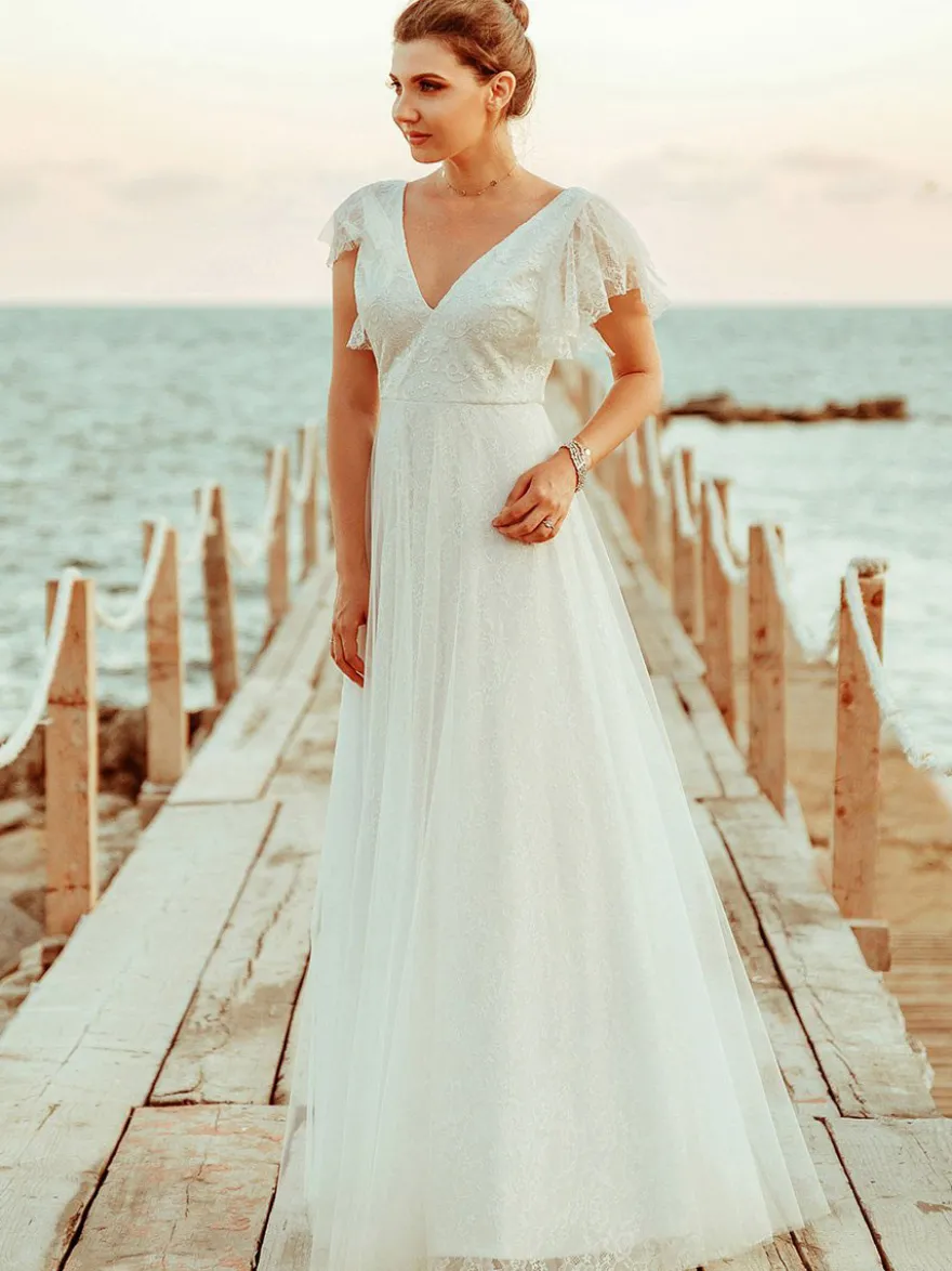 Robe de mariée blanche en dentelle col V manche courte zip sur dos longueur au sol robe de mariage