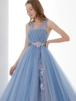 Robe de mariée bleue avec train bustier sans manches à lacets taille naturelle longue dentelle tulle polyester une ligne robes de mariée