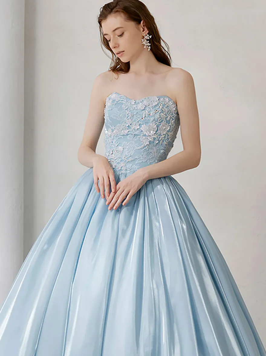 Robe de mariée bleue avec train sans bretelles sans manches à lacets taille naturelle longue dentelle polyester robes de mariée