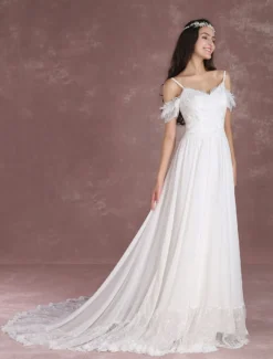 Robe de mariée bohème à bretelle zip sur dos à traîne Robe de mariée milanoo