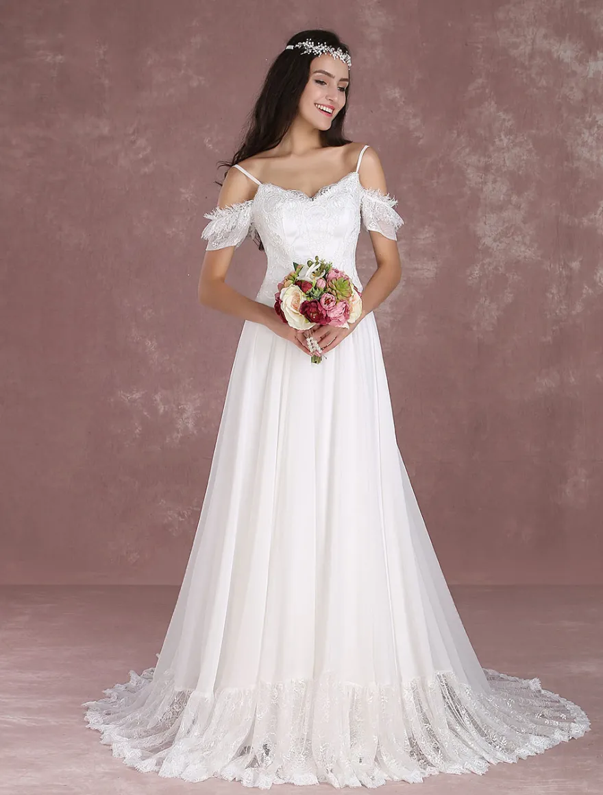 Robe de mariée bohème à bretelle zip sur dos à traîne Robe de mariée milanoo