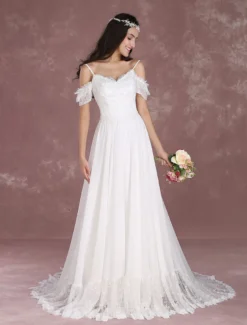 Robe de mariée bohème à bretelle zip sur dos à traîne Robe de mariée milanoo