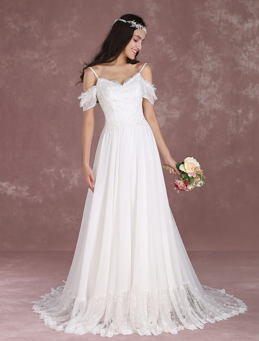 Robe de mariée bohème à bretelle zip sur dos à traîne Robe de mariée milanoo