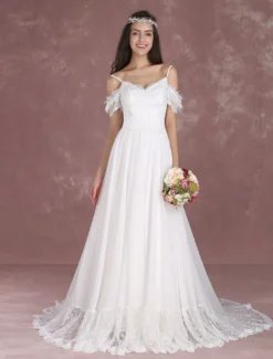 Robe de mariée bohème à bretelle zip sur dos à traîne Robe de mariée milanoo