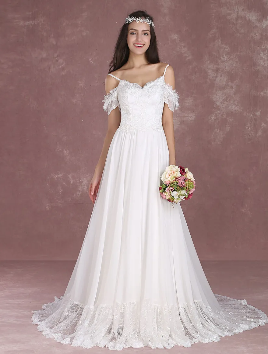 Robe de mariée bohème à bretelle zip sur dos à traîne Robe de mariée milanoo