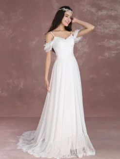 Robe de mariée bohème à bretelle zip sur dos à traîne Robe de mariée milanoo