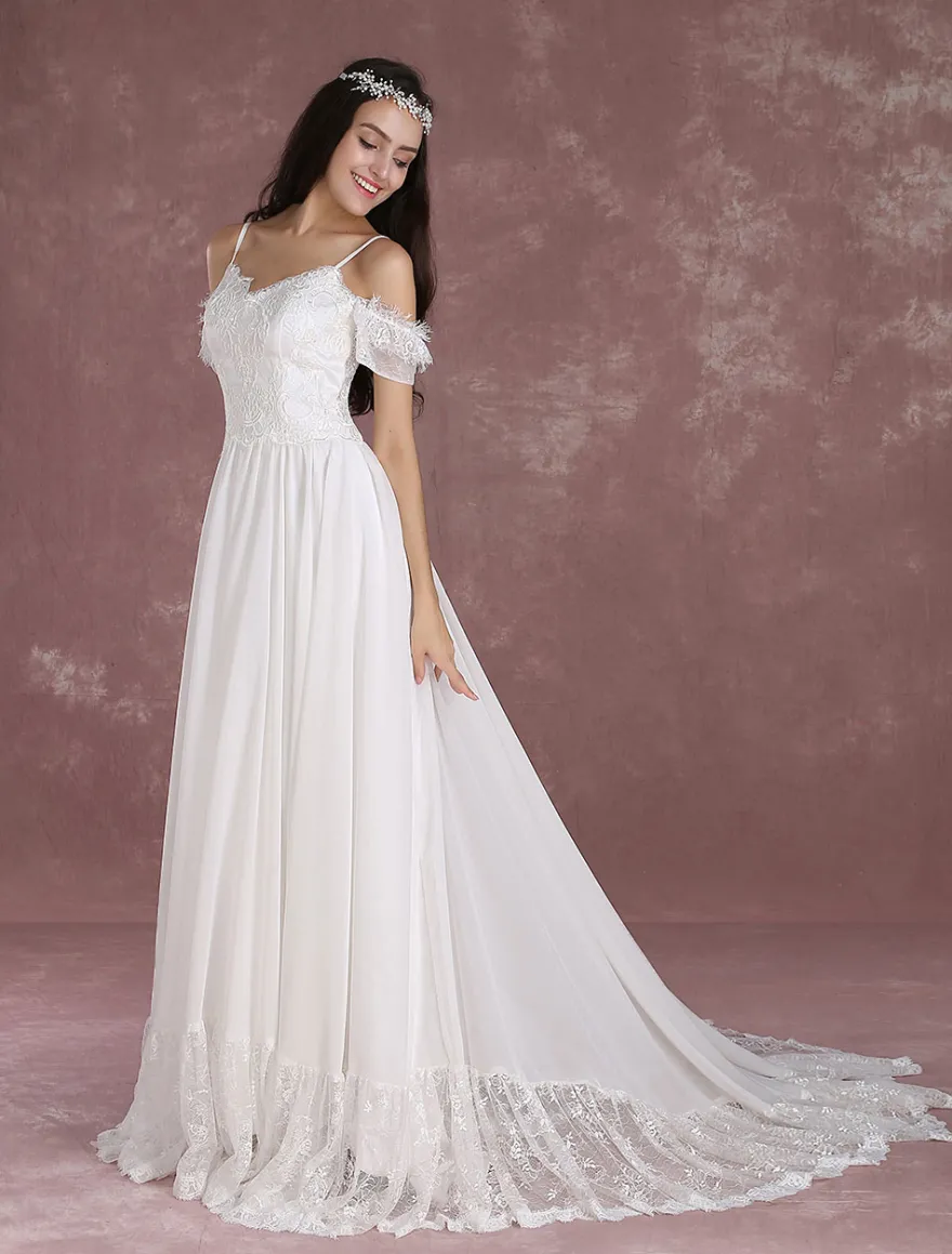 Robe de mariée bohème à bretelle zip sur dos à traîne Robe de mariée milanoo