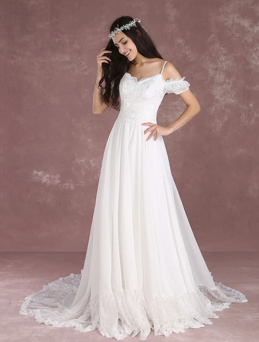 Robe de mariée bohème à bretelle zip sur dos à traîne Robe de mariée milanoo