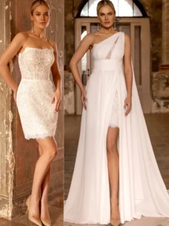 Robe de mariée bohème en mousseline de soie et dentelle deux pièces avec traîne taille naturelle fermeture éclair sans manches décolleté design ivoire