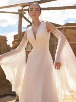 Robe de mariée bohème simple en mousseline col en V manches 3/4 dentelle coupe trapèze