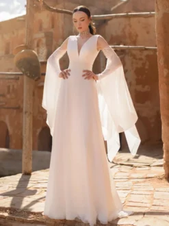 Robe de mariée bohème simple en mousseline col en V manches 3/4 dentelle coupe trapèze