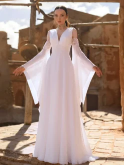 Robe de mariée bohème simple en mousseline col en V manches 3/4 dentelle coupe trapèze