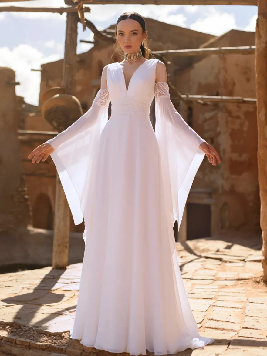 Robe de mariée bohème simple en mousseline col en V manches 3/4 dentelle coupe trapèze