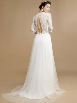 Robe de mariée bohème top en dentelle col V demie manche au sol