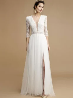 Robe de mariée bohème top en dentelle col V demie manche au sol