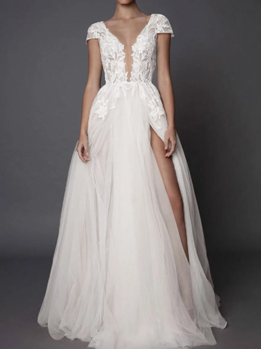 Robe de mariée bohémien ivoire en tulle col V plongeant dos nu jupe fendue robe de mariage