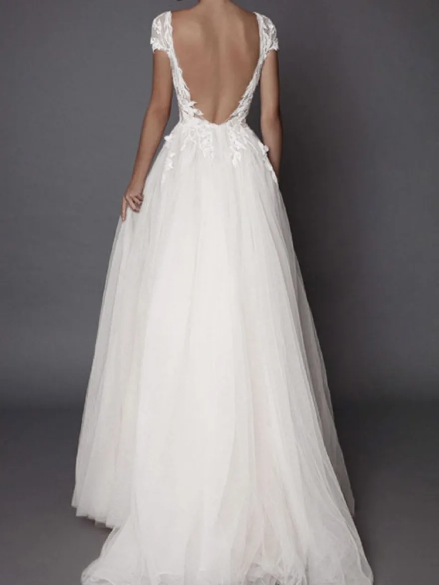 Robe de mariée bohémien ivoire en tulle col V plongeant dos nu jupe fendue robe de mariage