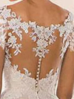 Robe de mariée col V manche longue en dentelle boutonné sur dos à traîne