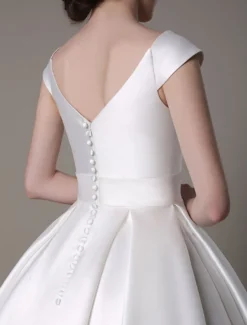 Robe de mariée courte blanche en satin col V avec noeud boutonnée sur dos au genou Robe de mariage vintage