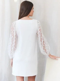 Robe de mariée courte blanche Robe de mariage civil col en V manches longues au dessus de genoux
