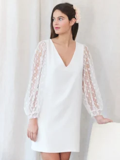 Robe de mariée courte blanche Robe de mariage civil col en V manches longues au dessus de genoux
