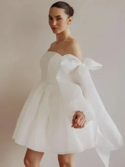 Robe de mariée courte bustier manches longues coupe princesse taille naturelle en organza