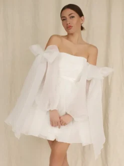 Robe de mariée courte bustier manches longues coupe princesse taille naturelle en organza