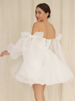 Robe de mariée courte bustier manches longues coupe princesse taille naturelle en organza