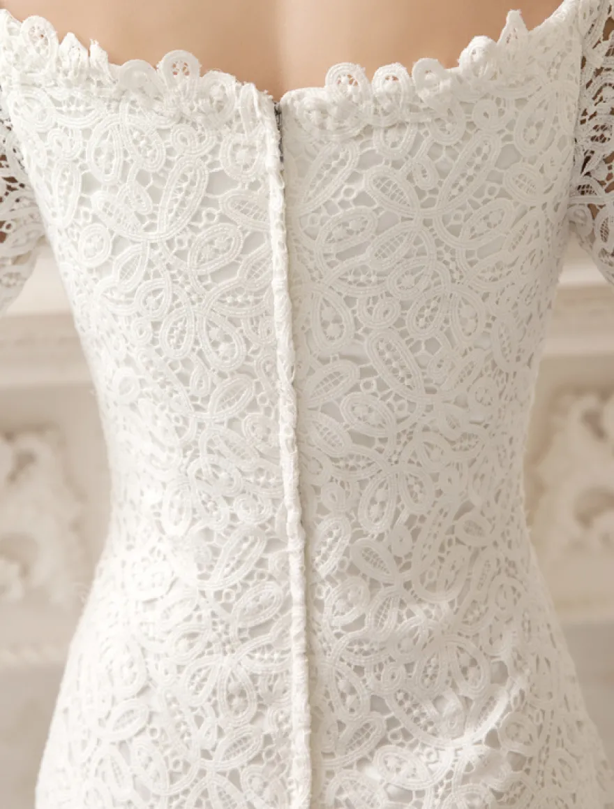 Robe de mariée courte col bateau manche longue zip sur dos en dentelle