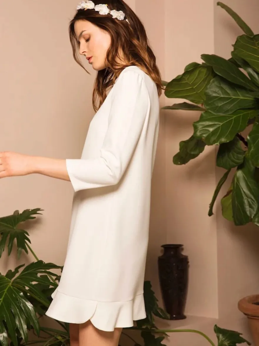 Robe de mariée courte col bijou manches 3/4 longueur A-ligne robes de mariée
