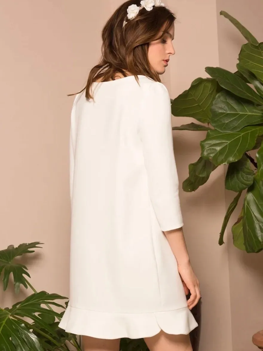 Robe de mariée courte col bijou manches 3/4 longueur A-ligne robes de mariée