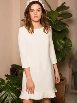 Robe de mariée courte col bijou manches 3/4 longueur A-ligne robes de mariée
