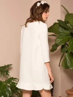 Robe de mariée courte col bijou manches 3/4 longueur A-ligne robes de mariée