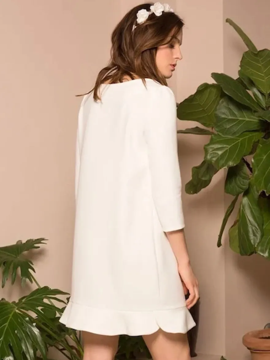 Robe de mariée courte col bijou manches 3/4 longueur A-ligne robes de mariée