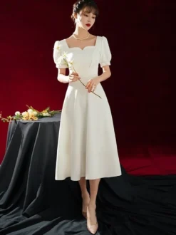 Robe de mariée courte col carré manches courtes ligne a longueur thé personnalisation gratuite