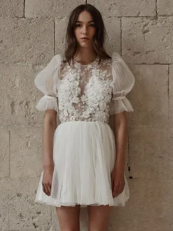 Robe de mariée courte col rond manche courte dos nu Robe de mariage civil