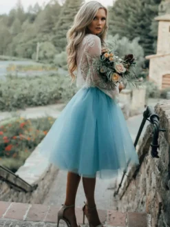 Robe de mariée courte manche longue top en dentelle jupe en tulle 2 pièces