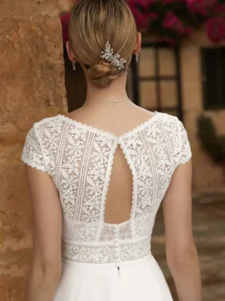 Robe de mariée courte robe de mariage civil col V manche courte boutonné sur dos