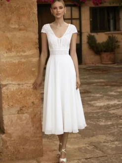 Robe de mariée courte robe de mariage civil col V manche courte boutonné sur dos