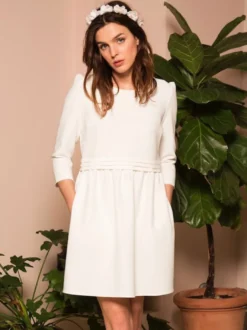 Robe de mariée courte robe de mariage civil col rond3/4 manches zip sur dos